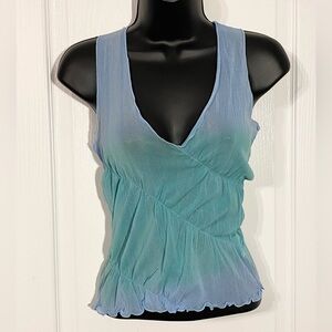 Y2K DKNY Lettuce Edge Ruched Sheer Ombre Mesh Top Vintage Blue Green XS